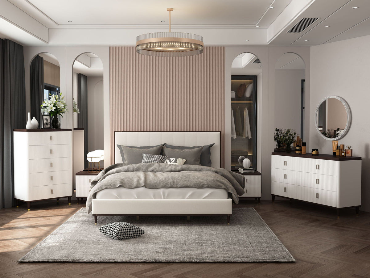 Carena 5 Piece Bedroom Set with Eastern King Bed - Wood & Fabric - Dark Brown/White